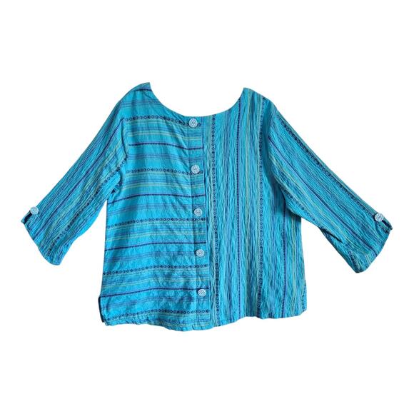 HABITAT Size L Top Coastal Boho Turquoise Embroidered Back Buttons Lagenlook 42 - Picture 7 of 8